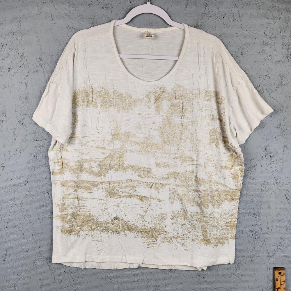Vintage Andrea Jovine Shirt Womens 1X White Gold Metallic Abstract Scoop Neck